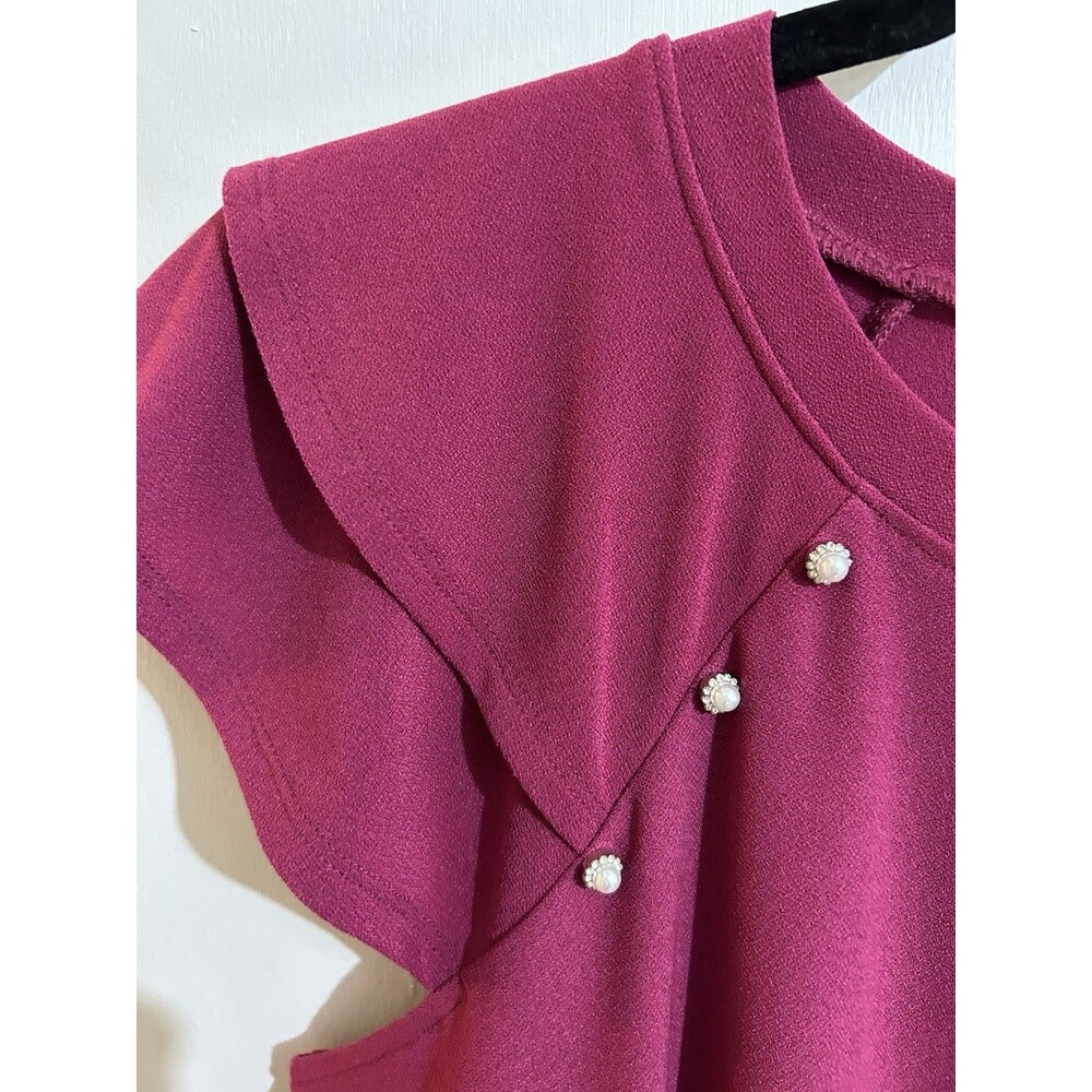 89th + Madison Women's M Berry Solid Scoop Neck Beaded Flutter Sleeve Blouse - Picture 4 of 7